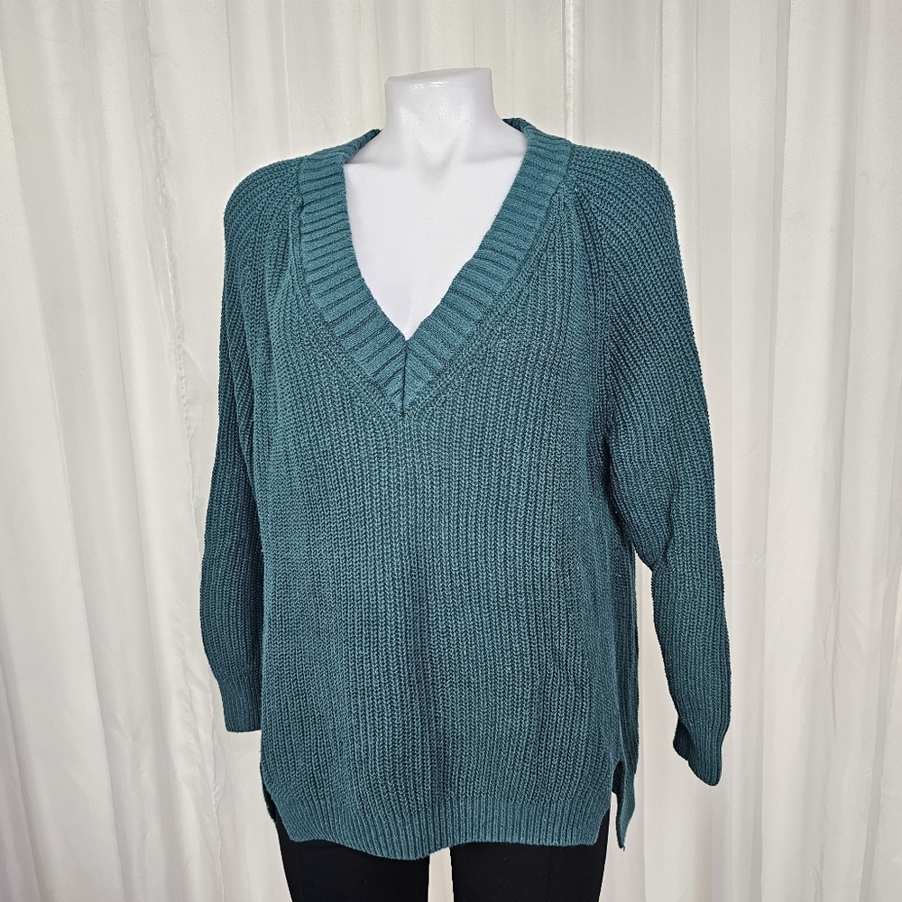 Express Dark Teal/Green V-Neck Sweater Oversized Side Slits Size XS